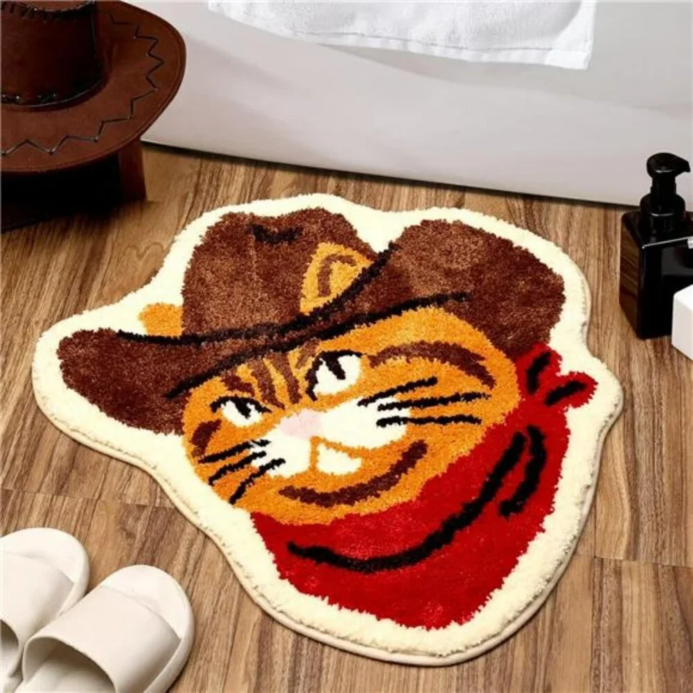 Funny Cat Bathroom Rug Western Cowboy Bath Mat Non Slip Washable Plush Floor Car